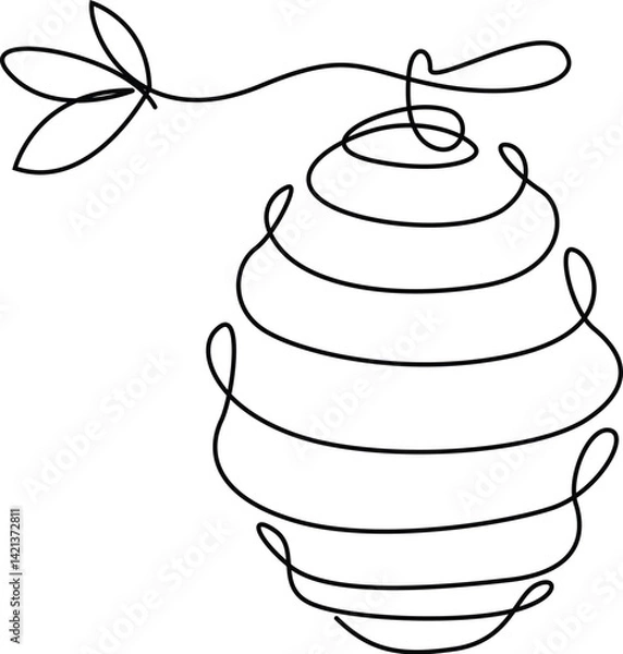 Fototapeta Honey bee hanging a hive on a tree one line art drawing.