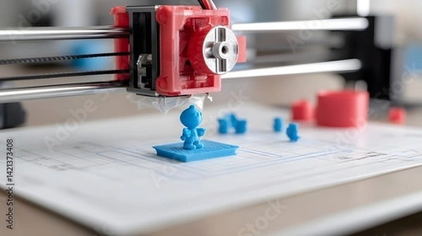 Fototapeta A resin 3D printer is in the process of creating a highly detailed miniature figure on a clean neutral background showcasing the precision and capabilities of this modern manufacturing technology