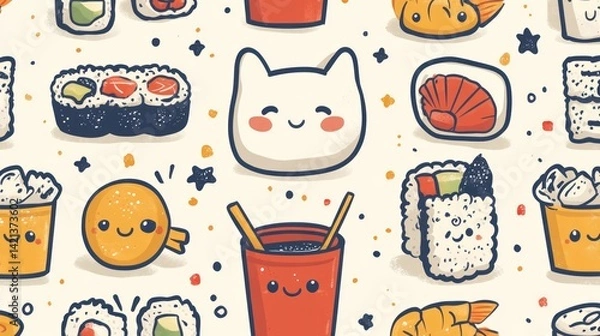 Fototapeta Cute kawaii style pattern showcasing various sushi rolls and characters