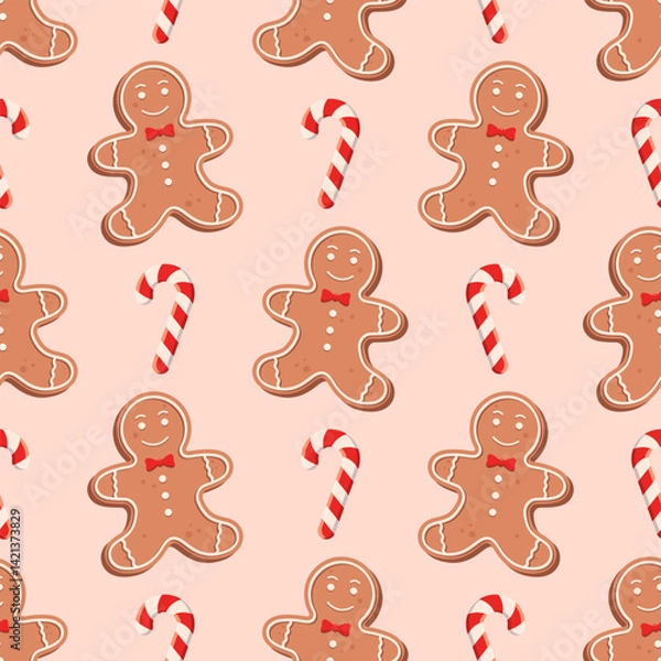 Obraz Seamless pattern with gingerbread man and candy cane on a light beige background. Vector holiday background.	
