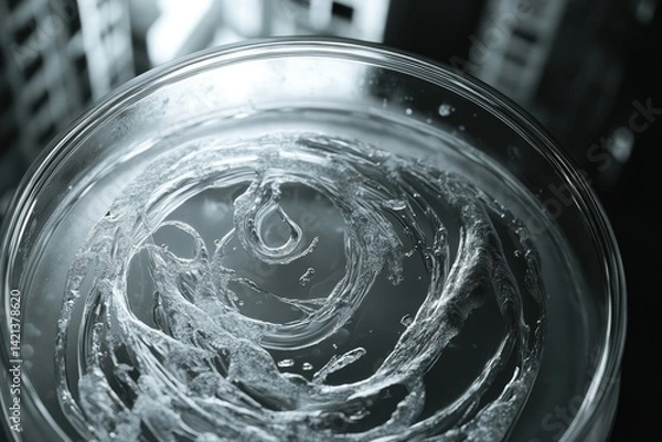 Fototapeta Swirling liquid in a petri dish, creating abstract patterns and textures resembling a cosmic swirl.
