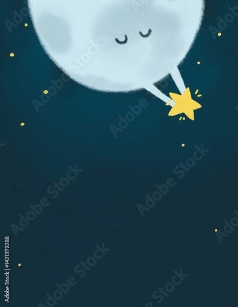 Obraz A charming, dreamy illustration of a cute smiling moon gently holding a bright yellow star against a deep blue night sky. Ideal for "Twinkle Twinkle Little Star" baby shower invitation, nursery decor