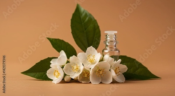 Fototapeta Arabian Jasmine Derivative Product Mockup Depicting White Flower Clusters and Leaf Arrangement on Neutral Background for Brand Promotion