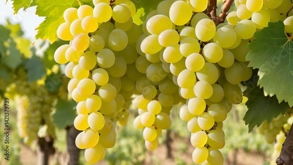Fototapeta Ripe Chardonnay grapes hanging on vine at the time of grape harvest