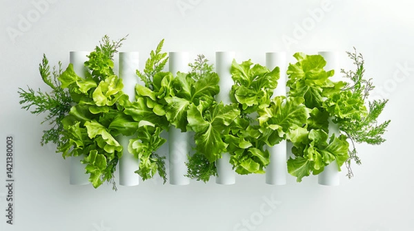 Fototapeta Vertical Tubes with Leafy Greens Floating Above Ground