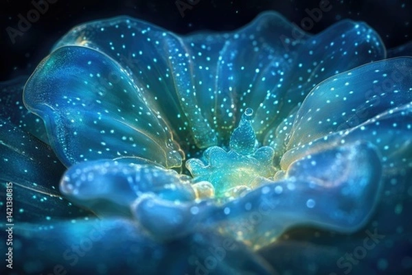 Fototapeta A mesmerizing abstract bioluminescent flower, glowing with vibrant teal and gold hues, intricate details.