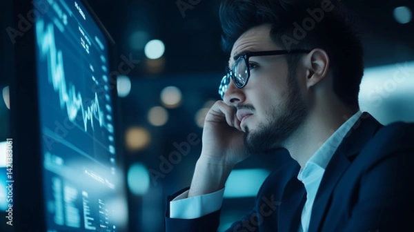 Obraz A businessman with a stressed expression holds his face as he watches his financial portfolio drop sharply on screen, signaling the devastation of a market downturn