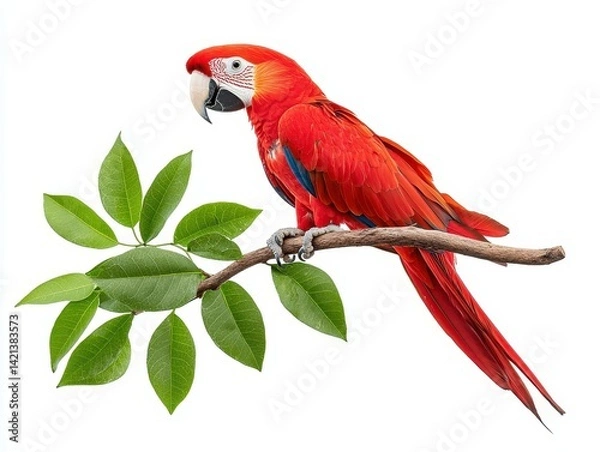 Obraz Vibrant scarlet macaw perched elegantly on a branch surrounded by lush green leaves.