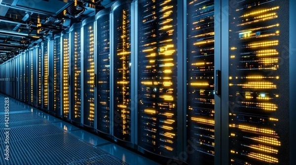 Fototapeta Modern data center interior featuring glowing server racks