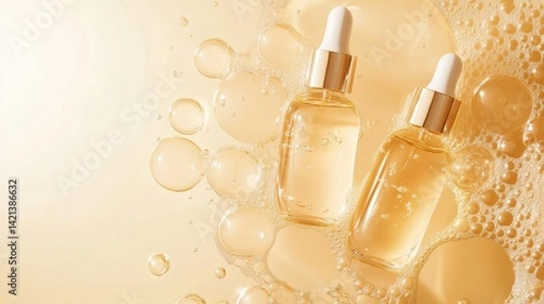 Fototapeta Two dropper bottles with serum surrounded by bubbles and liquid splashes
