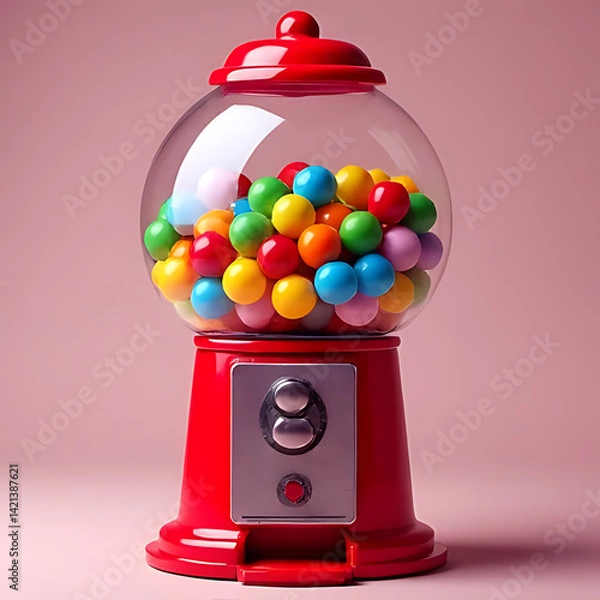 Fototapeta vintage gumball machine filled with colorful round gumballs, isolated on a white background, vibrant colors, high detail, nostalgic style