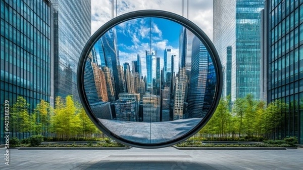 Fototapeta Cityscape reflected in metal circle modern architecture urban design infrastructure abstract art and minimalism background of glass buildings and green trees 