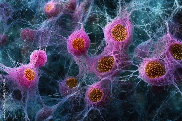 Fototapeta Microscopic image showing cells interconnected by a complex web-like extracellular matrix.