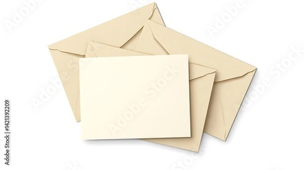 Fototapeta Close up of three cream colored envelopes and a blank card stock