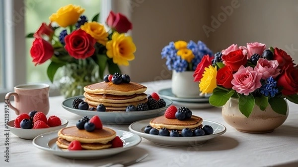Fototapeta Brightly decorated table set for Mother's Day breakfast with pancakes.