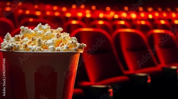 Fototapeta Movie time snack: delicious popcorn with red theater seating background 
