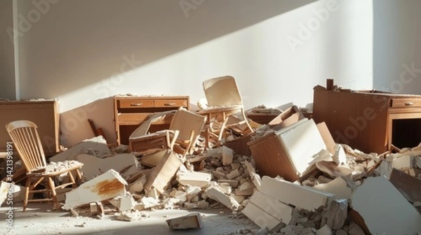 Fototapeta Interior demolition scene: broken furniture pieces cabinets chairs amidst debris with bright natural sunlight on a simple background 