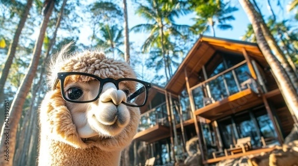 Fototapeta Alpaca with glasses at tropical villa: sustainable travel and animal tourism explore resort vacations exotic animals and mindful relaxation in paradise setting 