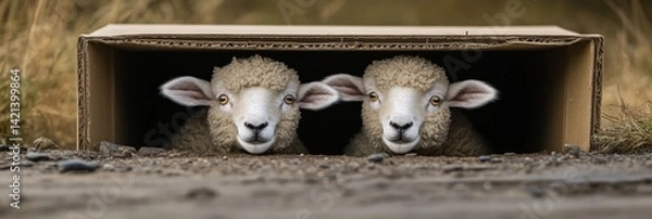 Fototapeta Two cute sheep peeking out of a cardboard box on a natural background adorable lambs with soft wool and playful expressions farm animals photography 