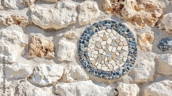 Fototapeta Rustic stone wall with mosaic medallion accent weathered texture background 