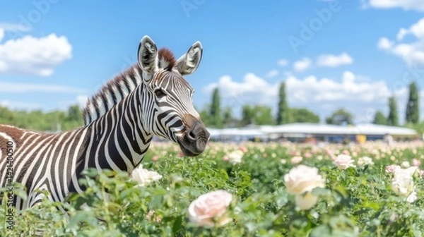 Fototapeta Zebra amidst roses: striking portrait of wildlife in a floral background a unique animal image beauty in nature bright summer day and colorful flowers 