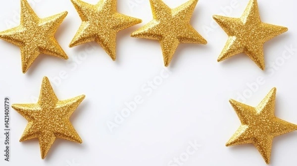 Fototapeta Golden glitter stars on white background for celebration festive design top view arrangement of sparkling stars 