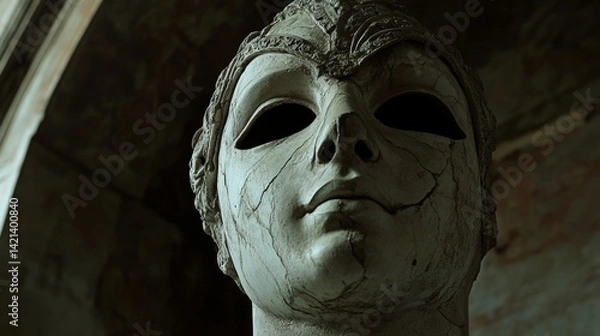 Fototapeta Stone statue with mask mystery and intrigue decorative sculpture with ancient aesthetic and natural lighting against a blurred background 