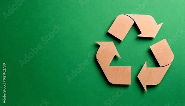 Fototapeta  Recycling symbol cut out of kraft paper on green background, top view. Space for text.