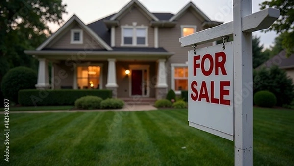 Fototapeta A home is advertising a for sale sign on a wooden sign post in red. Use it for a housing market concept