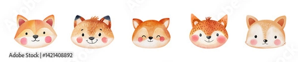 Obraz Cute little fox head with smile. Children's watercolor illustration set of stylized animal for design. Isolated clipart with clear even edge on transparent background