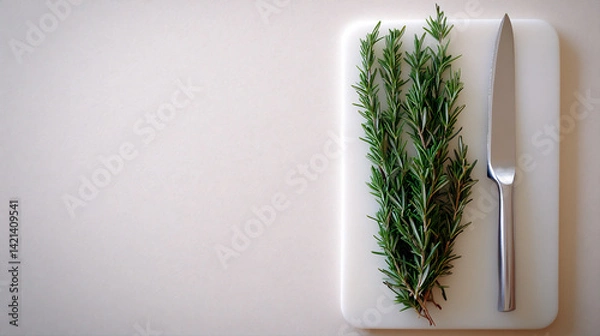 Fototapeta fresh rosemary sprigs white cutting board