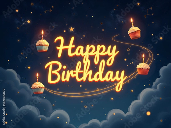 Obraz Starry Night 'Happy Birthday' Greeting with Flying Cupcakes and Glowing Candle