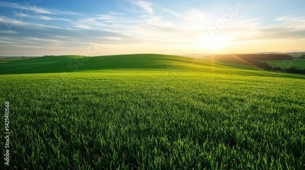 Obraz Serene Sunset Over Rolling Green Fields: A Breathtaking Landscape Photograph