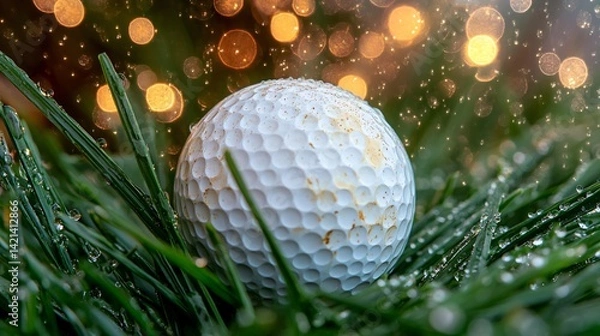 Fototapeta Detailed golf ball on dewy grass with soft morning light and bokeh background created with Generative AI technology
