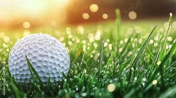 Fototapeta Macro close-up of white golf ball on green grass with morning dew and golden light created with Generative AI technology