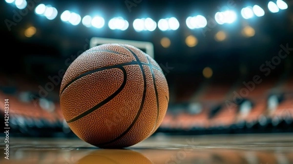 Fototapeta Macro shot of textured basketball on wooden court with dramatic lighting created with Generative AI technology