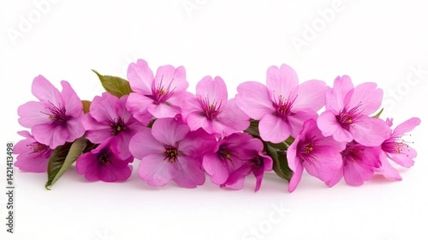 Fototapeta Cherry blossom branch with vivid pink flowers on white background in shallow focus created with Generative AI technology