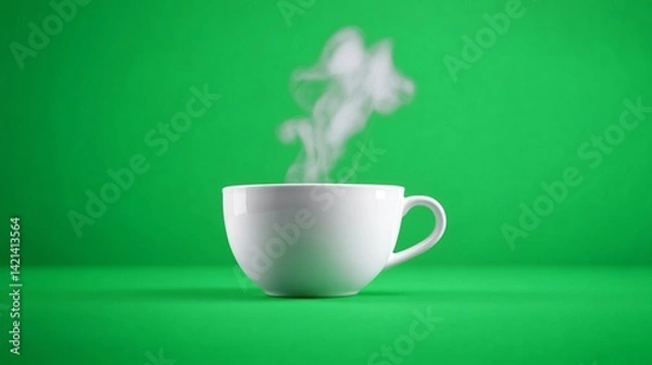 Fototapeta Steaming white coffee mug centered on seamless green screen with macro detail created with Generative AI technology