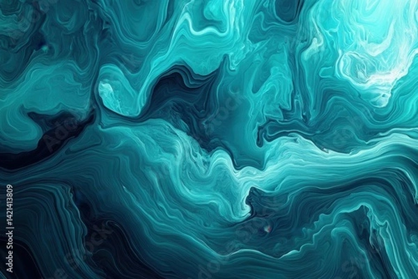 Fototapeta Intricate teal and dark blue abstract fluid design.