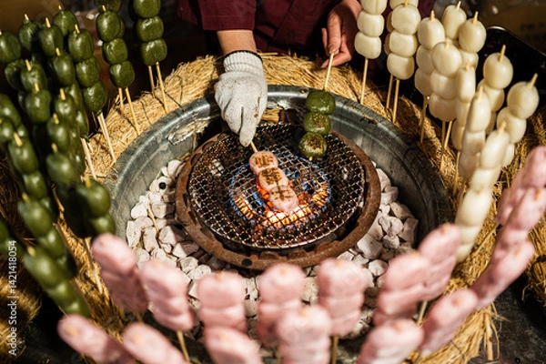 Obraz Mitarashi Dango – Traditional Japanese Sweet Rice Dumplings with Sweet Soy Glaze