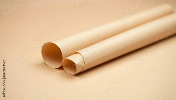 Fototapeta Two rolled paper tubes on beige background