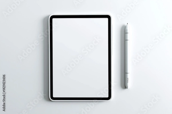 Fototapeta Clean and modern digital workspace featuring a blank tablet screen with stylus on a white desk. Soft shadows and minimal layout make this mockup perfect for showcasing app designs, digital planners, o