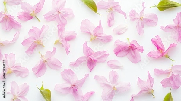 Fototapeta Aesthetic arrangement of rare sakura petals and flowers on white background with soft lighting created with Generative AI technology