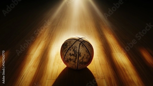 Fototapeta Close-up of worn basketball on hardwood with spotlight highlighting texture and shadows created with Generative AI technology