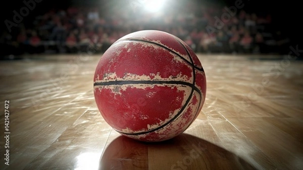 Fototapeta Top-down view of worn basketball on glossy hardwood with spotlight and dramatic shadows created with Generative AI technology

