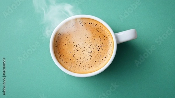 Fototapeta Top view of white coffee mug with steam and green background created with Generative AI technology