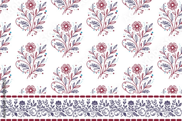Fototapeta seamless line floral pattern with border featuring intricate botanical outlines perfect for textile printing wrapping papers and fashionable home accessories

