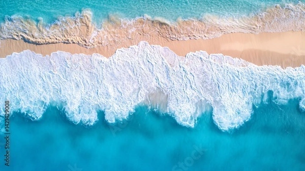 Fototapeta Top-down view of calm ocean surface with soft waves and sunlight reflections created with Generative AI technology