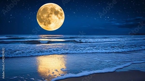Fototapeta Full moon over night sea with gentle waves and starlit sky created with Generative AI technology