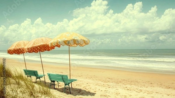Fototapeta Cozy tropical beach setting with vintage furniture and natural shade created with Generative AI technology